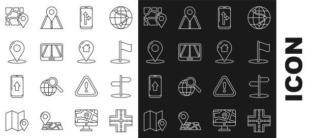 设置线路道路交通标志，旗帜，城市地图导航信息图，地图引脚，折叠位置标记和指针房子图标。向量图片下载