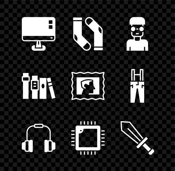 设置电脑显示器屏幕，袜子，书呆子极客，耳机，处理器与CPU，剑的游戏，书籍和邮政邮票图标。向量图片下载