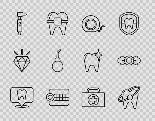 牙科诊所位置，牙齿美白概念，牙线，假牙模型，钻头，灌肠梨，急救箱和糖果图标。向量图片下载