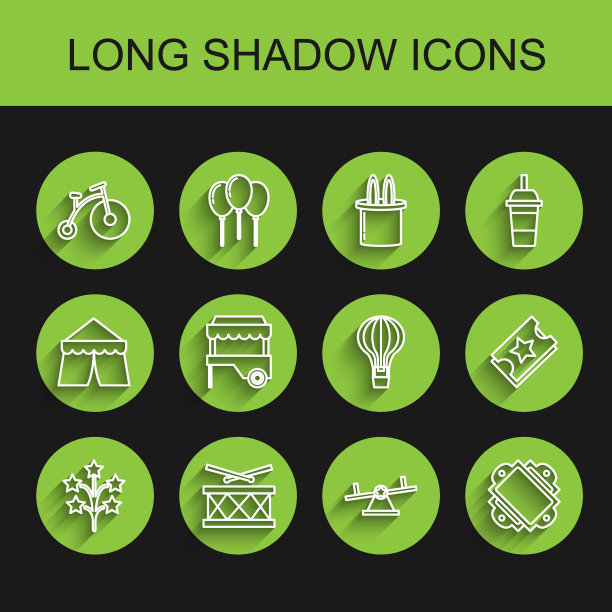 设置线烟花，鼓鼓棒，复古自行车一个大轮子和一个小，跷跷板，票，快速街头食品车遮阳篷，和热气球图标。向量图片下载