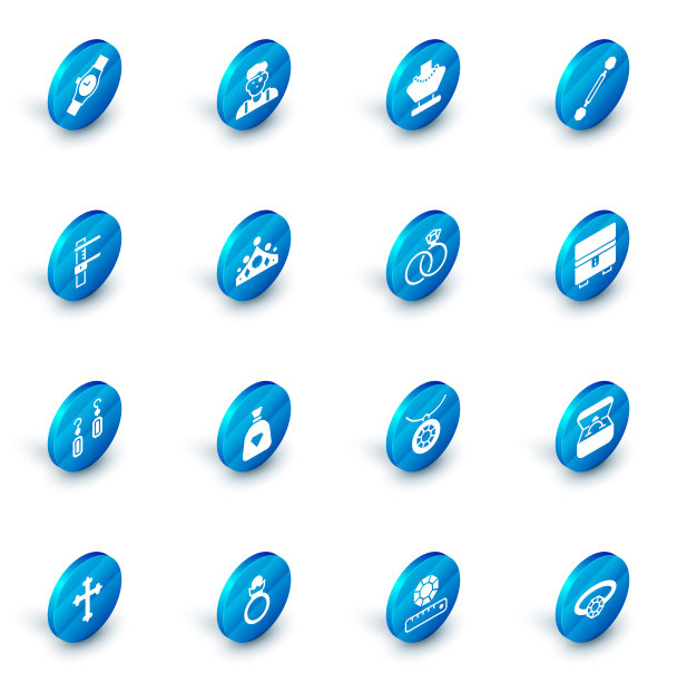 设置珠宝男人，项链在人体模型，穿孔，卡尺或卡尺和规模，耳环，国王皇冠，珠宝盒和婚礼图标。向量图片下载