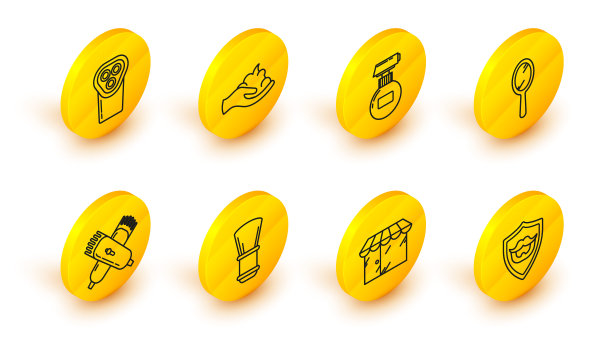 设置线胡子和胡须盾牌，理发店大楼，剃须刷，交叉电动理发器或剃须刀，手镜，霜乳液化妆品管，凝胶泡沫手和电子图标。向量图片下载