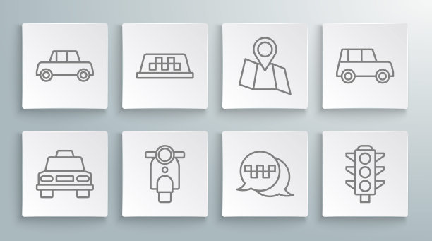 设置线路出租车，车顶，滑板车，电话服务，交通灯，折叠地图与位置，汽车和图标。向量图片下载