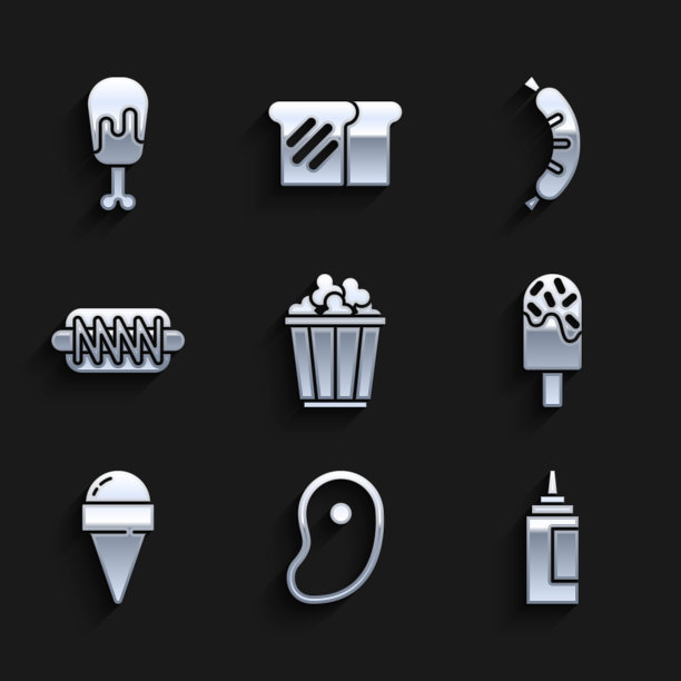 设置爆米花盒，牛排肉，酱瓶，冰淇淋，华夫饼蛋筒，热狗三明治，和鸡腿图标。向量图片下载