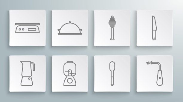 设置线摩卡锅，覆盖托盘的食物，搅拌机，勺子，长电打火机，蜂蜜勺棒，刀和电子秤图标。向量图片下载