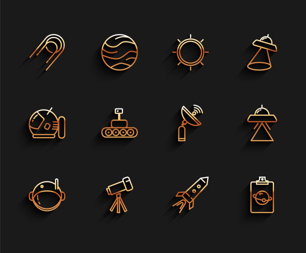 设置线宇航员头盔，望远镜，卫星，火箭船与火，行星，火星漫游者，飞碟飞行飞船和雷达图标。向量图片下载
