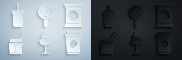 冰淇淋装在碗里，薯片袋或袋装，亚洲面条和筷子，咖啡杯，棒棒糖和纸杯，吸管图标。向量图片下载