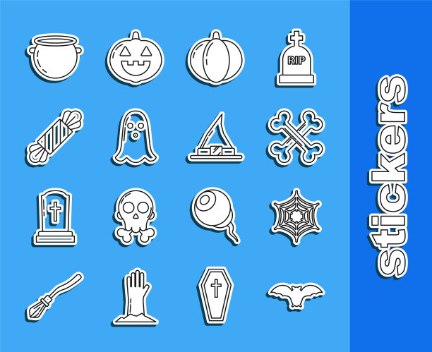 设置线飞行蝙蝠，蜘蛛网，交叉的骨头，南瓜，幽灵，糖果，万圣节女巫坩埚和女巫帽子图标。向量图片下载