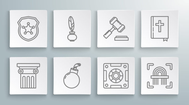 法律支柱、羽毛和墨水瓶、即将爆炸的炸弹、保险箱、指纹、法官 gavel、圣经书和警察徽章图标矢量素材图片下载