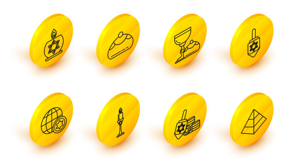 设置线埃及金字塔，光明节烛台和硬币，燃烧的蜡烛烛台，世界地球仪以色列，犹太高脚杯光明节sufganiyot，甜面包和明星的大卫的图标。向量图片下载