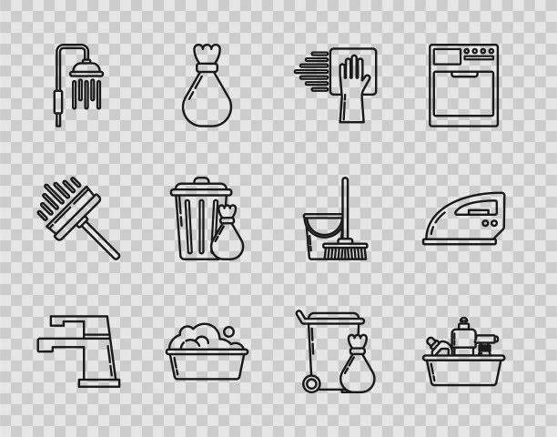 设有水龙头、洗洁精塑料瓶、清洁服务、肥皂水洗手盆、莲蓬头流水、垃圾桶及垃圾袋、电熨斗图标。向量图片下载