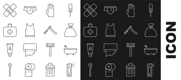 设置线瓶子喷嘴喷雾，浴缸，垃圾袋，橡胶手套，无袖t恤，急救箱，交叉绷带和直剃刀图标。向量图片下载