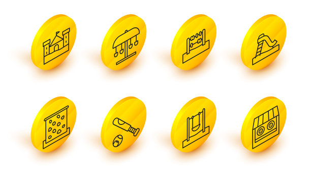 设置直线射击场，秋千，棒球棒与球，攀岩墙，儿童滑梯，算盘，景点旋转木马和沙堡图标。向量图片下载