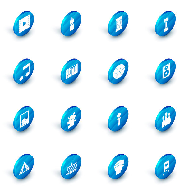 设置健身震动器，线轴上的缝纫线，哑铃，音乐音符，音调，图片景观，合成器，立体声扬声器和篮球图标。向量图片下载