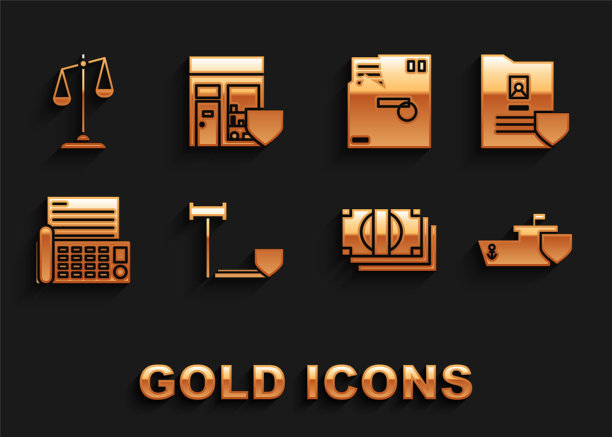 法官锤与盾牌、文件、轮船、纸币现金堆、传真机、信封、天平和购物大楼图标矢量素材图片下载