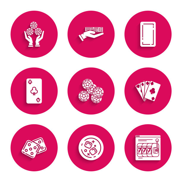 设置赌场筹码，威士忌和冰块，在线老虎机幸运7头奖，打牌，游戏骰子，俱乐部符号，背面和手握赌场图标。向量图片下载