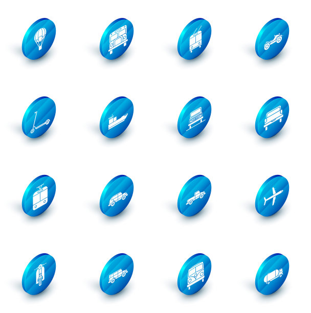 设置校车，无轨电车，全地形车辆或ATV摩托车，踏板车，电车和铁路，货船，皮卡和图标。向量图片下载