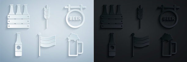 设置德国国旗，街道招牌与铭文啤酒，瓶子，啤酒的杯子，谷物集大米，小麦，玉米，燕麦，黑麦，大麦和包装瓶图标。向量图片下载