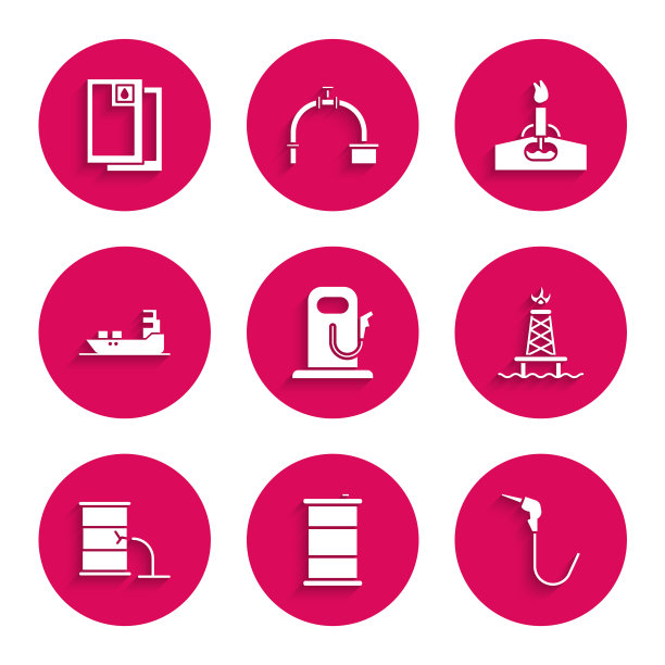 设置汽油或加油站，桶油，汽油泵喷嘴，石油钻塔与火，泄漏，油轮船，和图标。向量图片下载