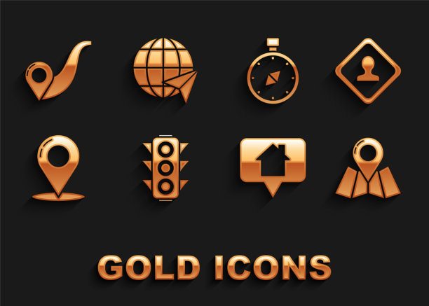 设置交通灯，道路交通标志，折叠地图的位置标记，地图指针房子，针，指南针，路线和位置地球仪图标。向量图片下载