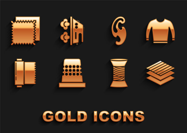 设置缝纫用的顶针、毛衣、纺织织物卷、线轴上的缝纫线、法式曲线和电熨斗图标。向量图片下载