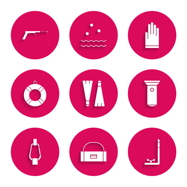 设置橡胶脚蹼游泳，箱子集装箱摆动，通气管，手电筒，钩环，救生圈，手套和鱼叉图标。向量图片下载