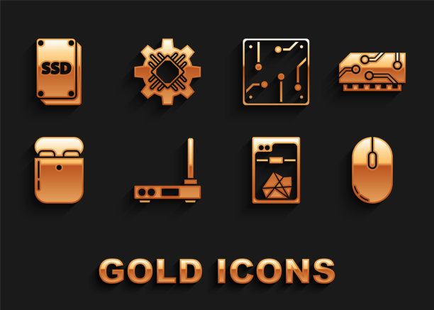 设置路由器和wi-fi信号、RAM、随机存储器、电脑鼠标、3D打印机、Air耳机盒、处理器、SSD卡和图标。向量图片下载