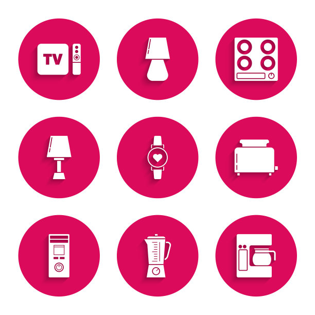 设置智能手表显示心率，搅拌机，咖啡机与玻璃壶，烤面包机，遥控器，台灯，煤气炉和电视盒接收器和播放器遥控器图标。向量图片下载