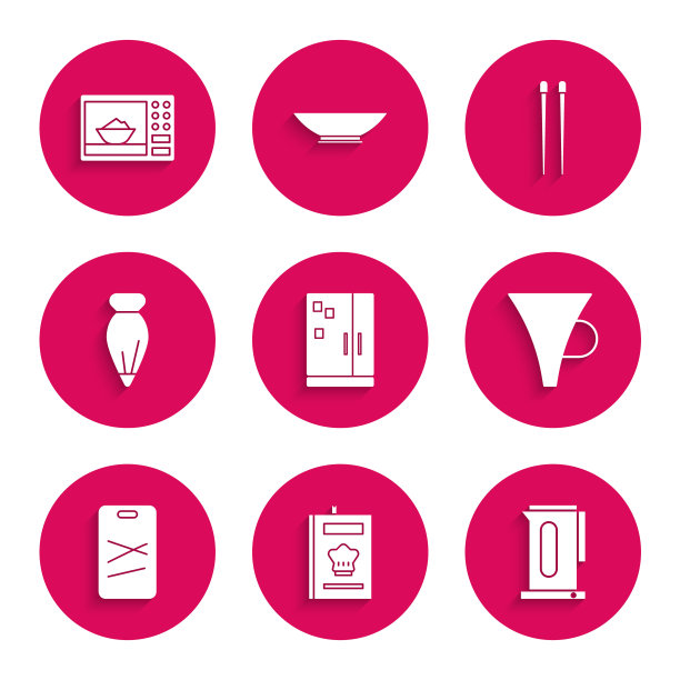 集冰箱，烹饪书，带把手水壶，漏斗过滤器，切菜板，糕点袋装饰蛋糕，食品筷子和微波炉图标。向量图片下载