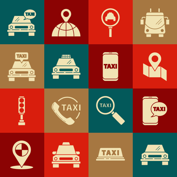 设置汽车，出租车呼叫电话服务，折叠地图，位置标记，放大镜和出租车，和图标。向量图片下载