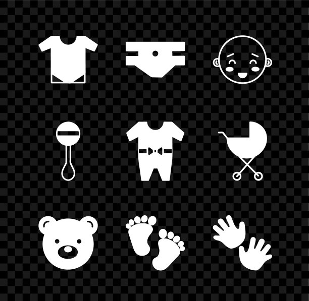 设置婴儿连体衣，吸水性尿布，快乐小男孩头，泰迪熊毛绒玩具，脚印，手，拨动婴儿和衣服图标。向量图片下载