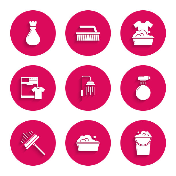 设置有水滴的淋浴喷头，塑料盆肥皂泡沫，桶泡沫和泡沫，刮板，刮水器，洗衣机t恤和垃圾袋图标。向量图片下载