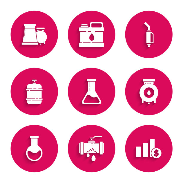 设置试管和烧瓶，破裂的金属管漏水，饼图信息图表美元，石油天然气工业厂房，丙烷罐，汽油泵喷嘴和图标。向量图片下载