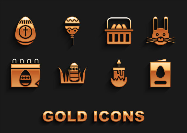 设置复活节蛋，兔子，贺卡与快乐，燃烧的蜡烛，日历，篮子复活节蛋，气球彩带图标。向量图片下载