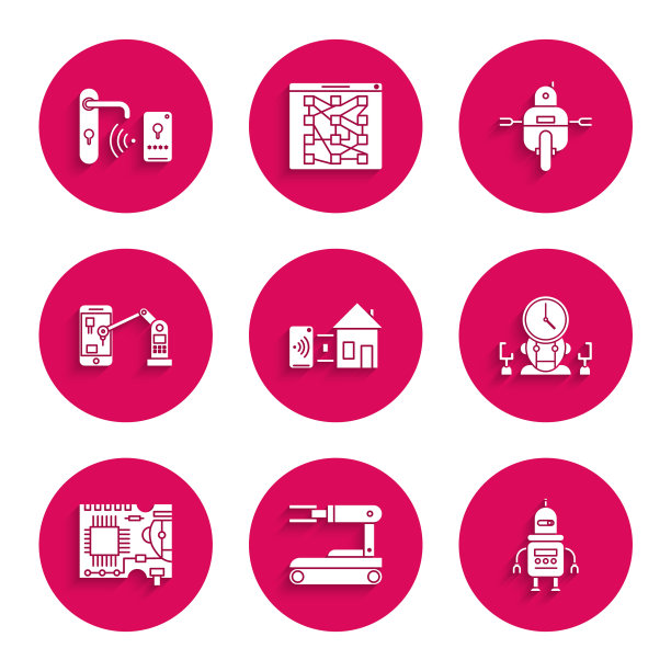 设置智能家居，机器人，数字时间管理器，印刷电路板PCB，工业机器机器人机械手，数字门锁与无线技术解锁图标。向量图片下载