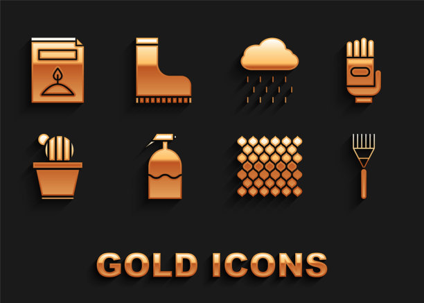 设置花园喷雾器，手套，耙子，栅栏木，仙人掌和多汁的花盆，云与雨，一个包的种子特定的植物和防水橡胶靴图标。向量图片下载