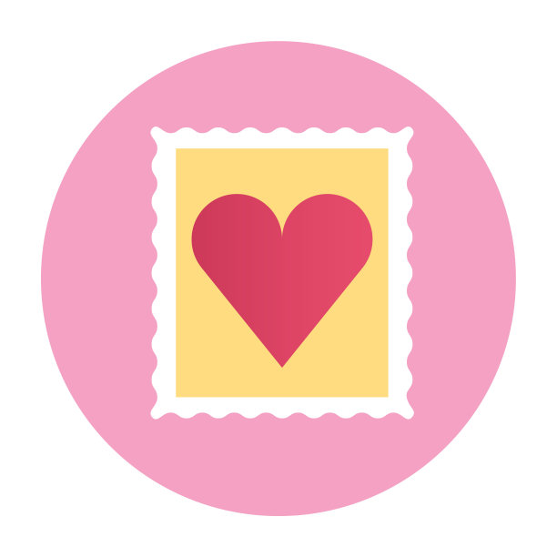情人节邮票图标正方形形状的邮件邮票与心平面风格矢量图标。浪漫邮票，心形图标邮件贴纸，现代简约明亮多彩的平面风格矢量装饰元素图片下载