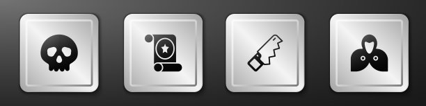 设置头骨，魔法卷轴，手锯和披风，斗篷，斗篷图标。银广场按钮。向量图片下载