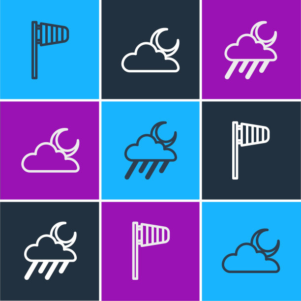 设置圆锥形风向标，云带雨和月亮和图标。向量图片下载