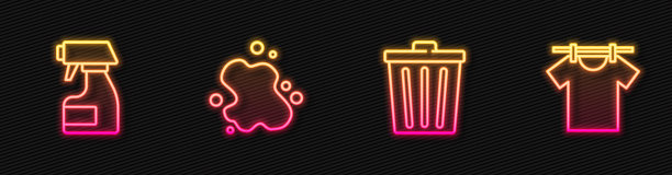设置垃圾桶、清洗喷雾瓶、水溢出、烘干衣物。发光的霓虹灯图标。向量图片下载