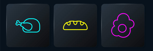 烤火鸡或鸡肉，炒鸡蛋和面包。黑色方形按钮。向量图片下载