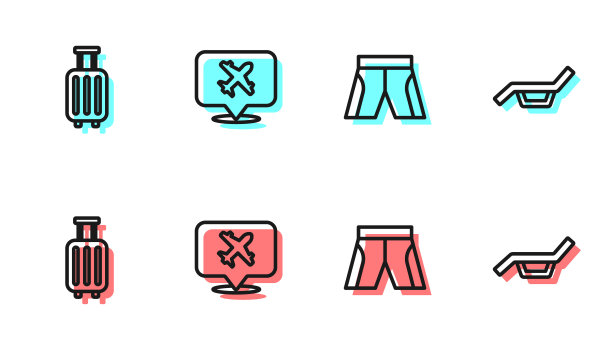 设置线短或裤子，手提箱，语音气泡与飞机和太阳床和雨伞图标。向量图片下载