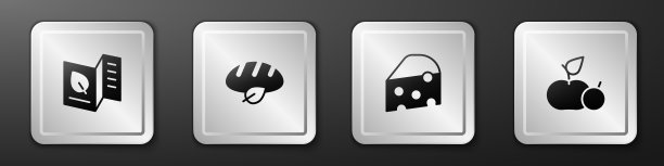 设置素食食品菜单，素食面包，奶酪和苹果图标。银广场按钮。向量图片下载