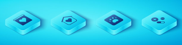 设置等距约会应用在线，收容所无家可归，药物药片和爪印图标。向量图片下载