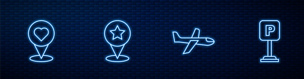 设置线平面，位置与心脏，地图指针星号和停车。砖墙上闪烁的霓虹灯图标。向量图片下载