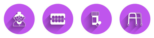 设置祖母，假下巴，药瓶药丸和沃克图标与长阴影。向量图片下载