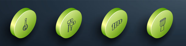 设置等距线班卓，空气耳机，排箫和鼓图标。向量图片下载