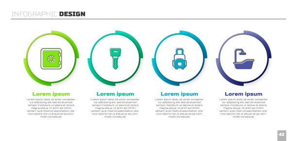 设置保险箱，酒店门锁钥匙，手提箱和浴缸。业务信息模板。向量图片下载