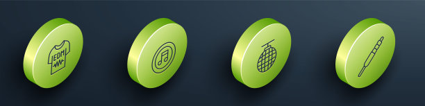 设置等距线t恤，音乐音符，音调，迪斯科球和音频插孔图标。向量图片下载