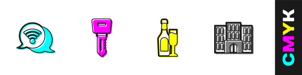 可设置Wi-Fi无线上网、酒店门锁钥匙、带玻璃的香槟瓶及建筑图标。向量图片下载